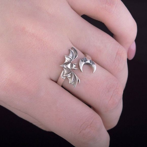 Bat & Crescent Moon Silver Adjustable Open Ring - Picture 2 of 8